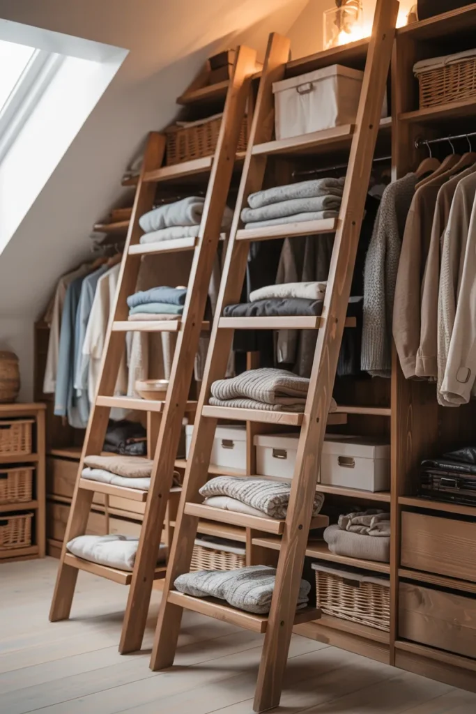 Attic Walk-In Closet with Wooden Ladder Shelves