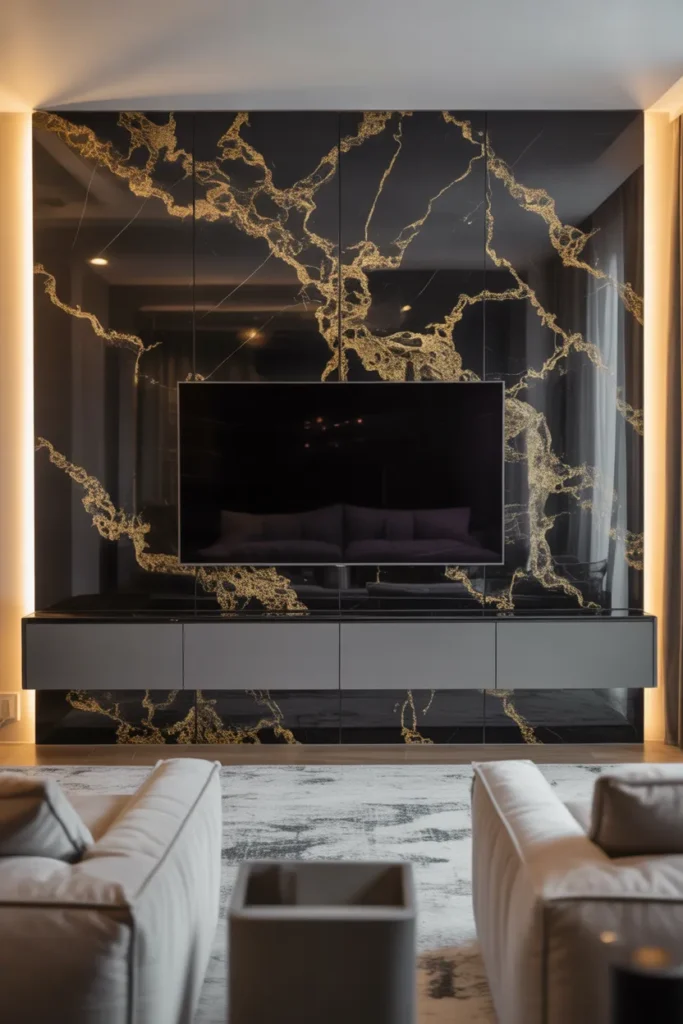 Black Marble TV Wall with Gold Veins