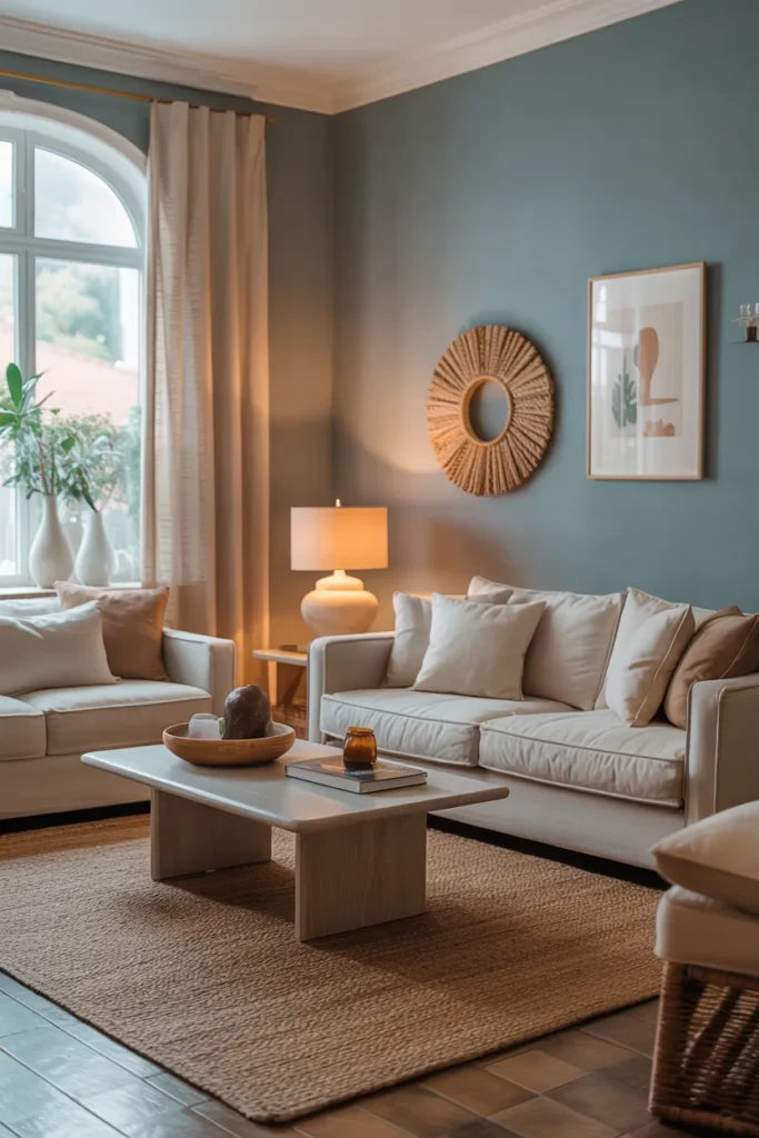 Blue and Beige Balanced Living Room