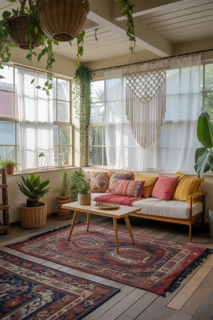 Boho-Inspired Sunroom with Layered Textiles