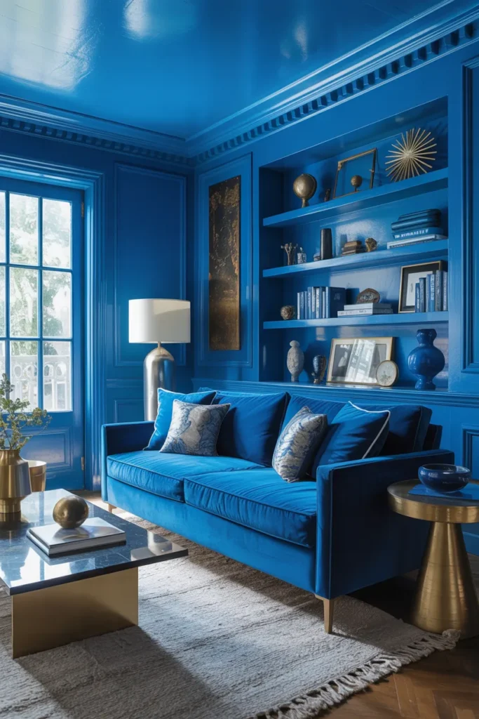 Bold Cobalt Blue Color Drenched Living Room