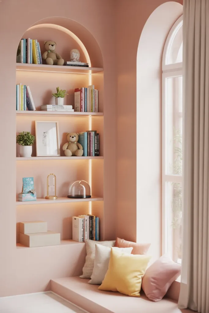 Built-In Arched Bookshelf with Window Bench