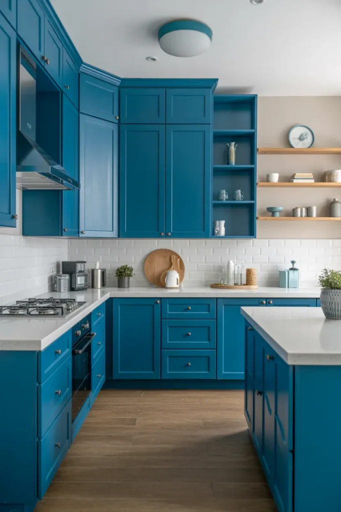 Cerulean Blue Cabinets with White Quartz