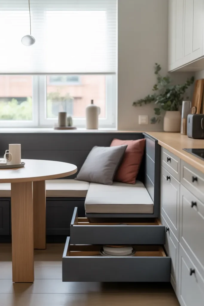 Charcoal Gray Bench with Deep Pull-Out Drawers
