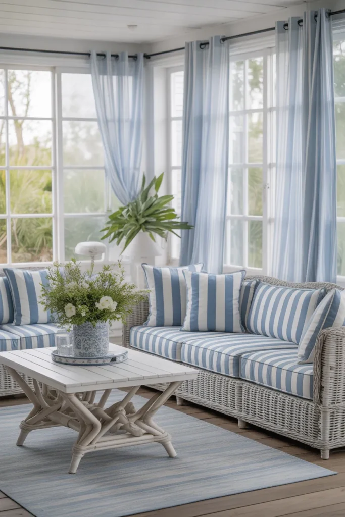 Coastal-Inspired Blue and White Sunroom