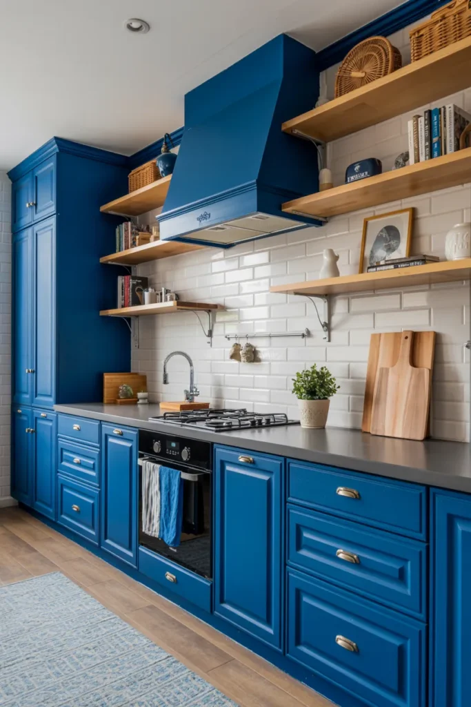 Cobalt Blue Cabinets with Open Wooden Shelves