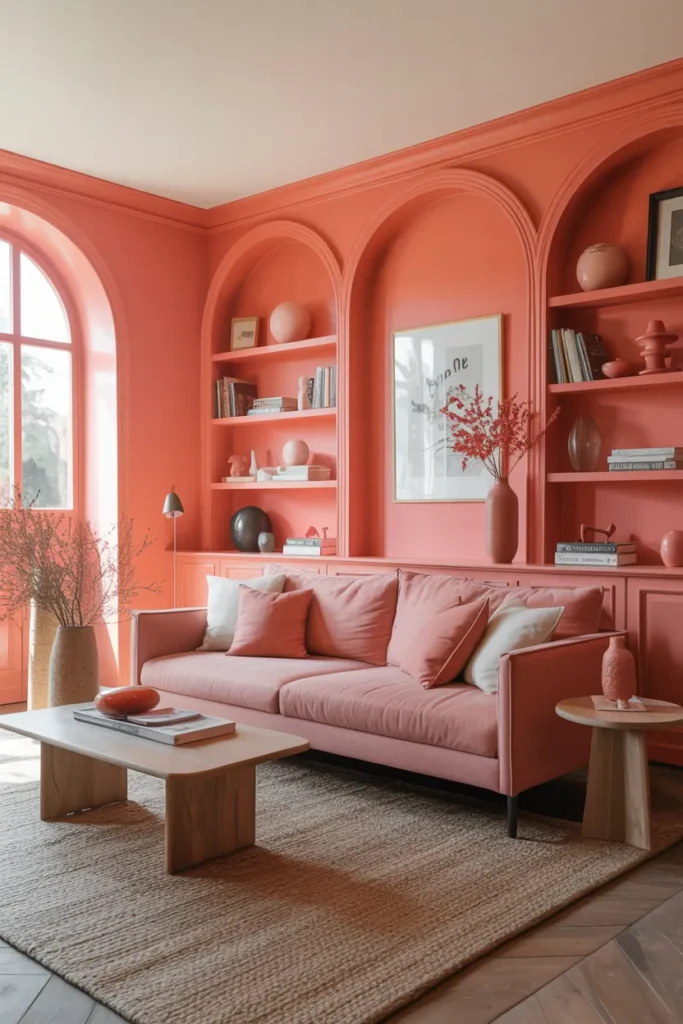 Coral Pink Color Drenched Living Room