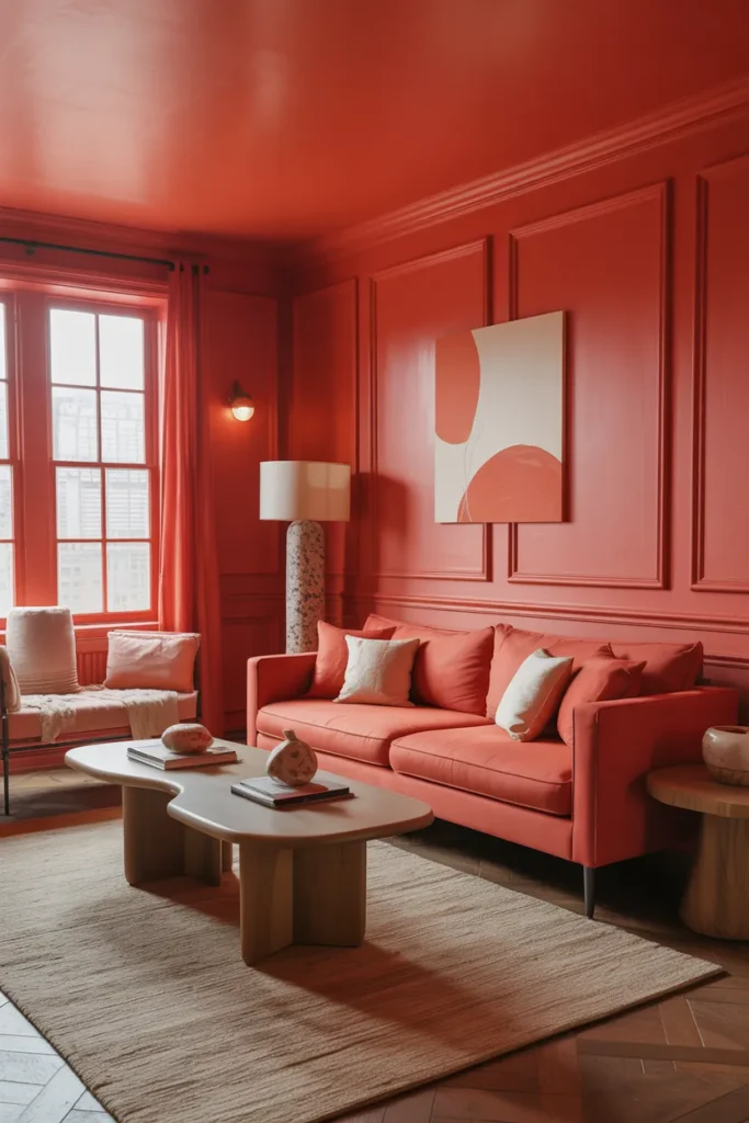 Coral Red Color Drenched Living Room