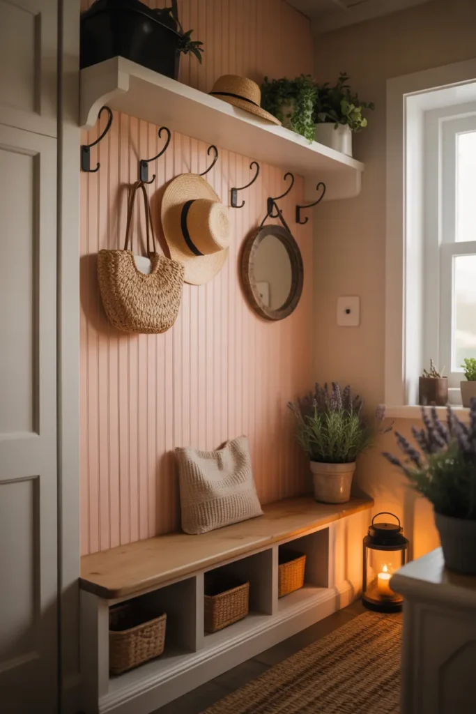 Cottage Entryway with Wooden Bench and Hooks