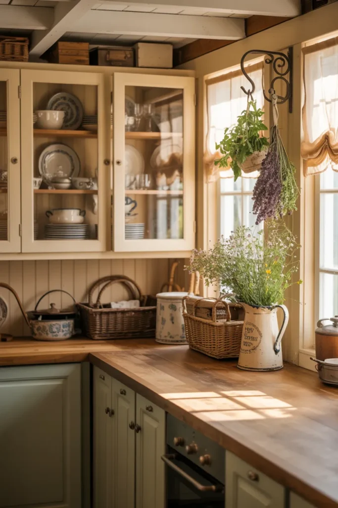 Cottage Kitchen with Glass Cabinet Doors