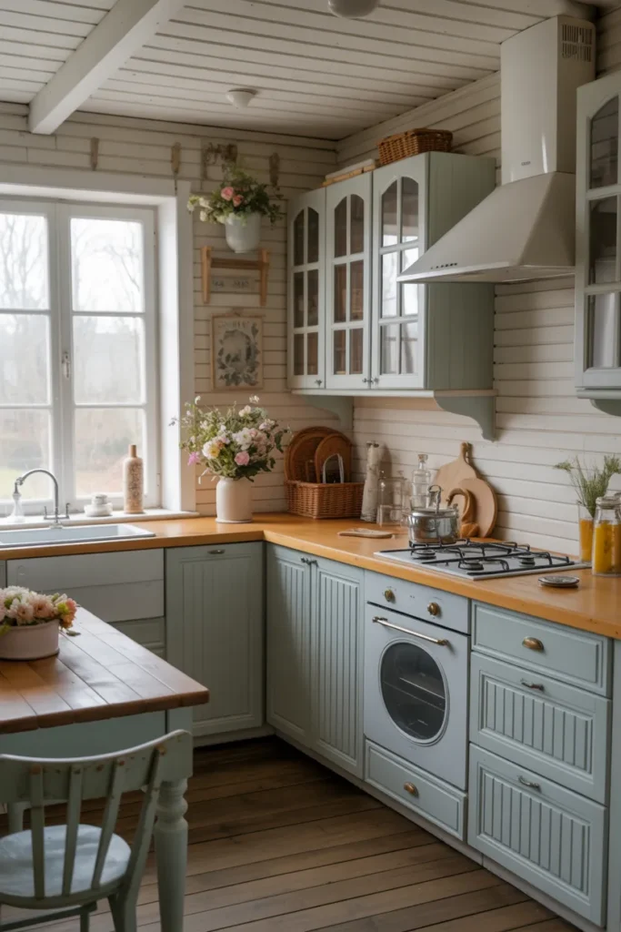 Cottage Kitchen with Pastel Color Cabinets