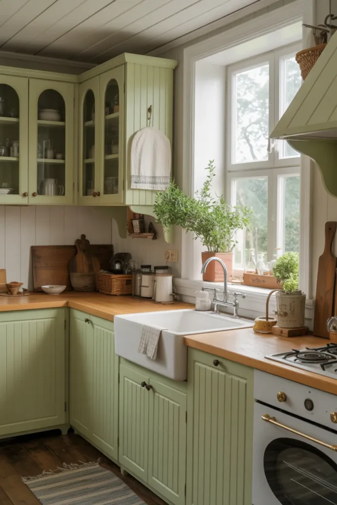 Cottage Kitchen with Soft Green Cabinets