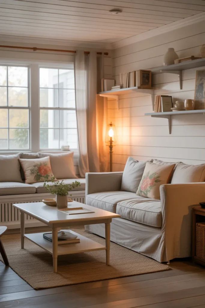 Cottage Living Room with Built-In Storage Bench