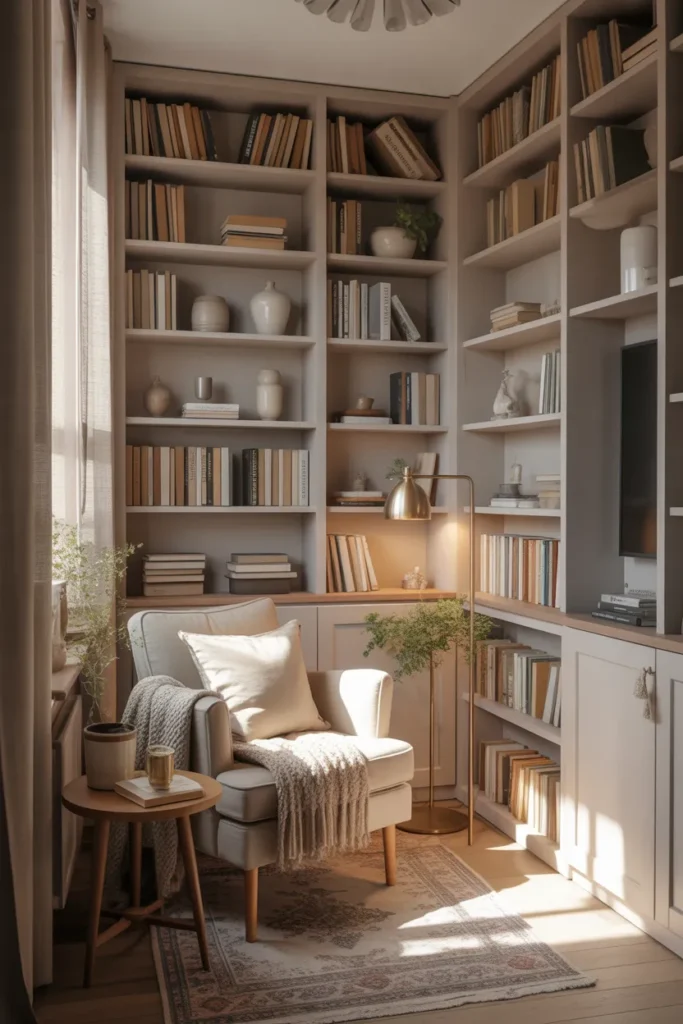 Cottage Reading Corner with Built-In Bookshelves