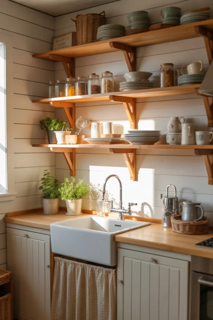 Cottage-Style Kitchen with Open Wooden Shelves