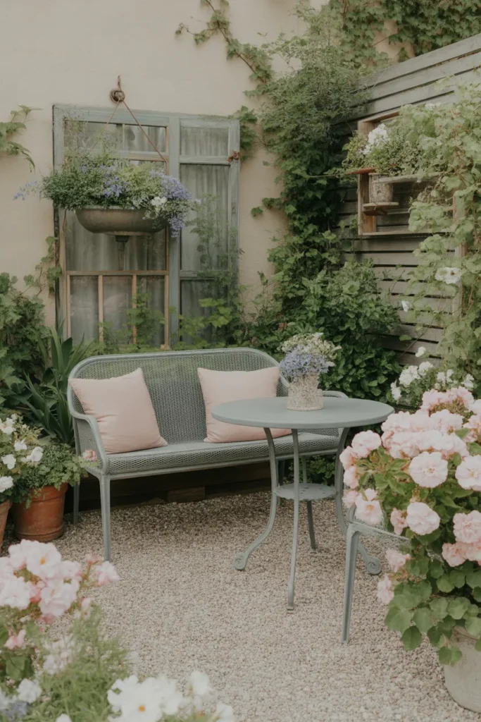 Cottage-Style Patio with Gravel and Blooming Borders
