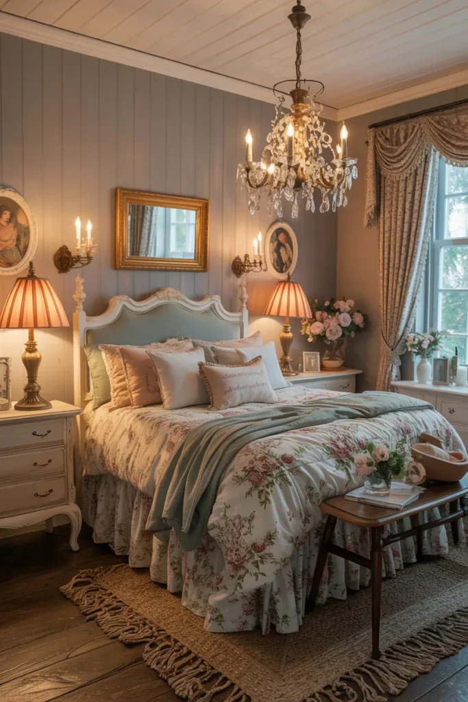 Cottagecore Bedroom with Antique Lighting