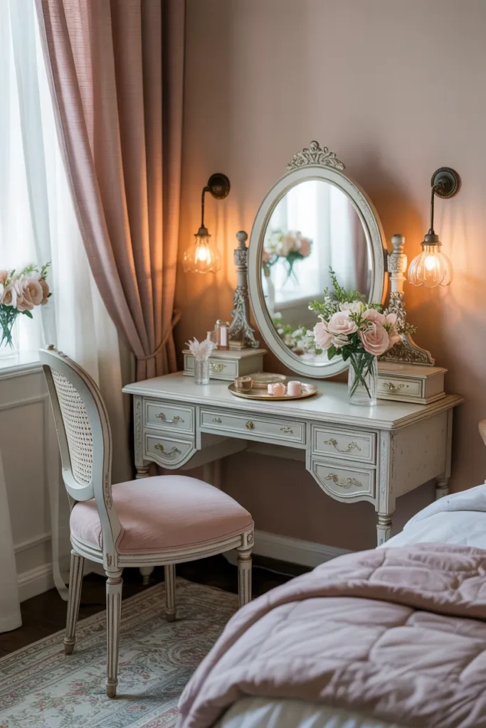 Cottagecore Bedroom with Antique Vanity Table