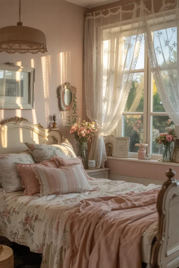 Cottagecore Bedroom with Lace Curtains