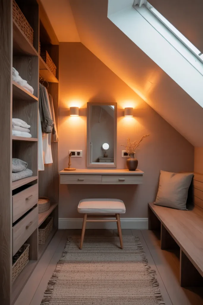Cozy Attic Walk-In Closet with Warm Lighting