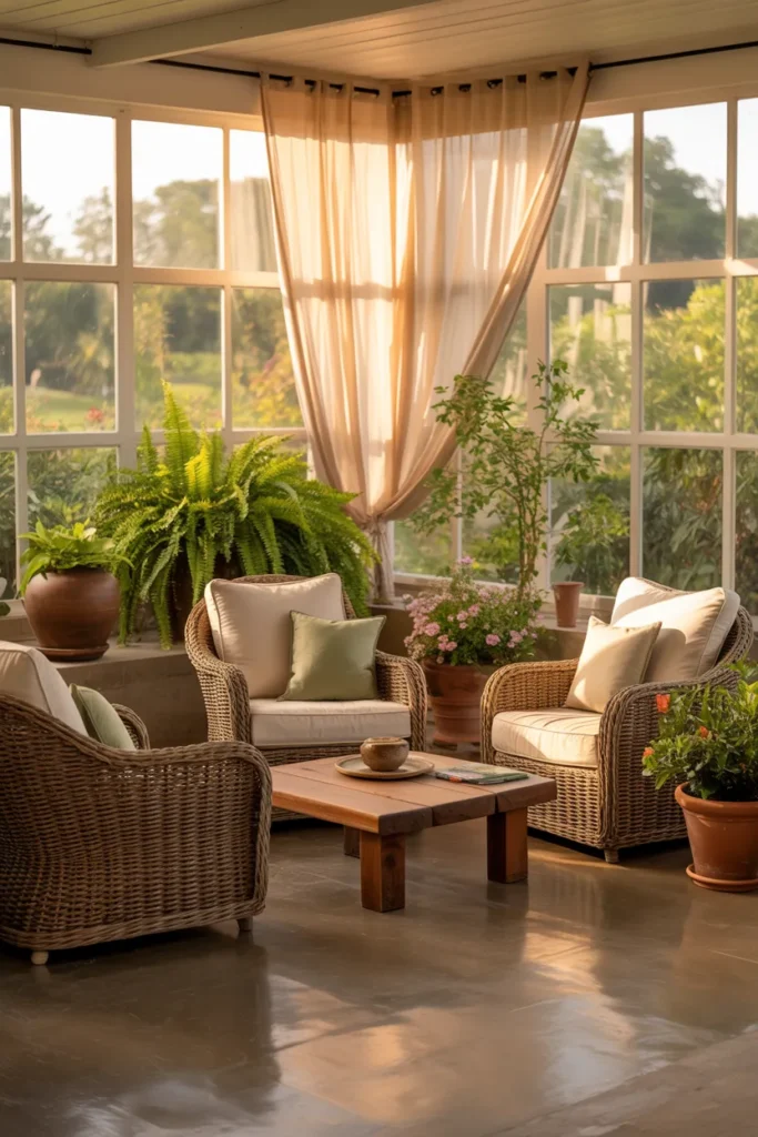 Cozy Three Season Room with Wicker Furniture