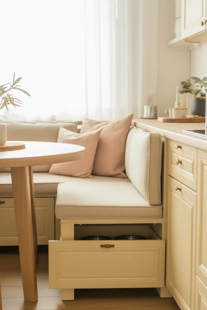 Cream Corner Bench with Hidden Lift-Up Seats