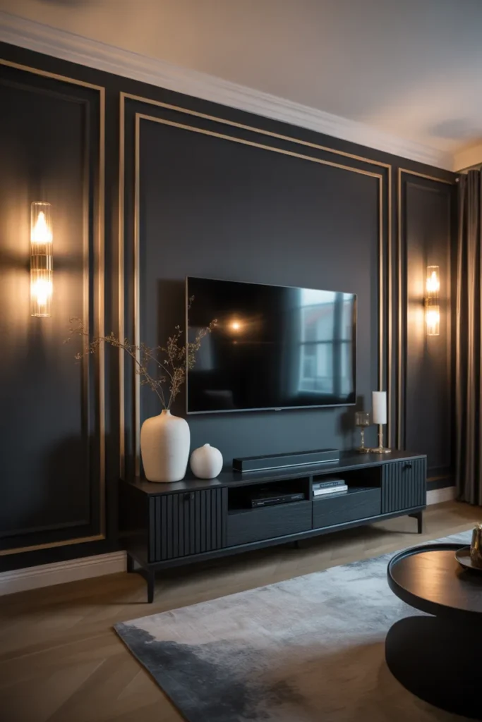 Dark Accent TV Wall with Gold Details
