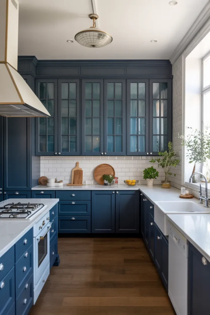 Deep Blue Cabinets with Glass Fronts