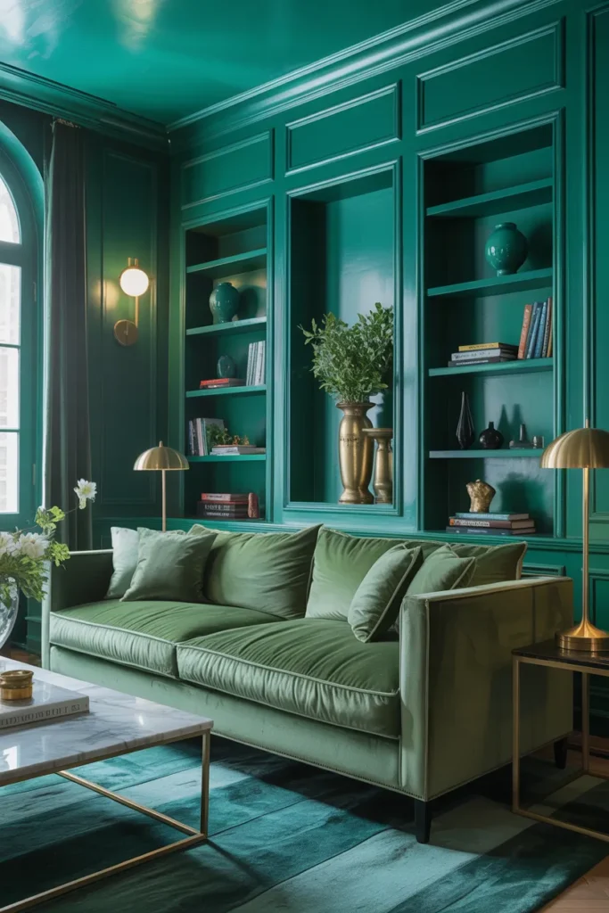 Deep Emerald Green Color Drenched Living Room