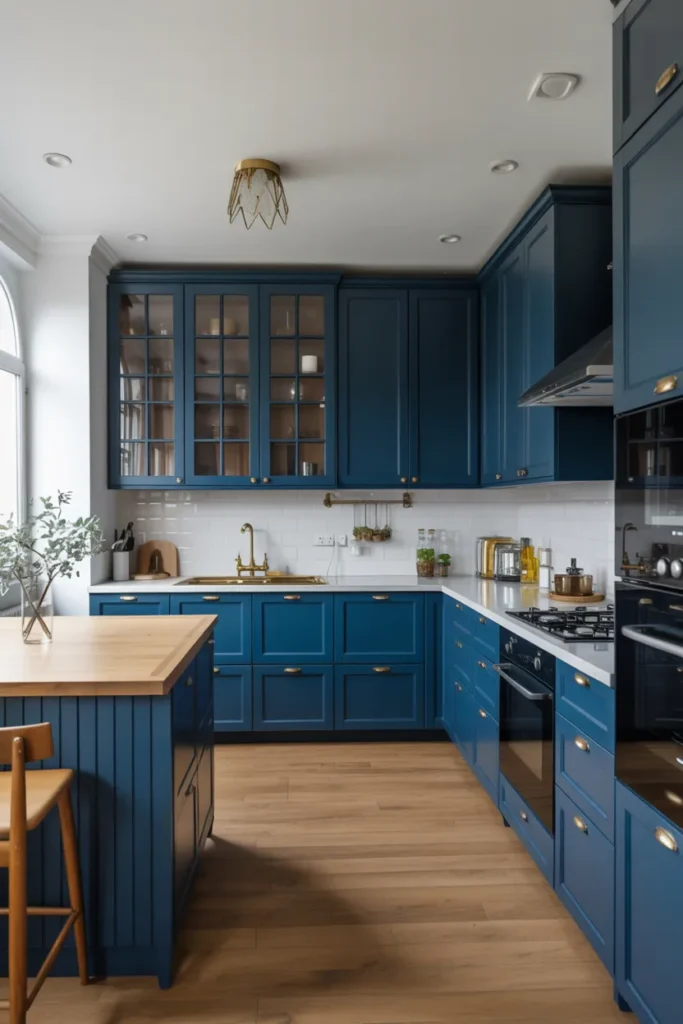 Deep Ocean Blue Cabinets with Brass Fixtures