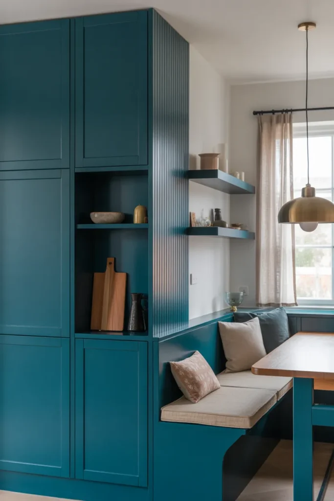 Deep Teal Banquette with Vertical Cabinet Storage