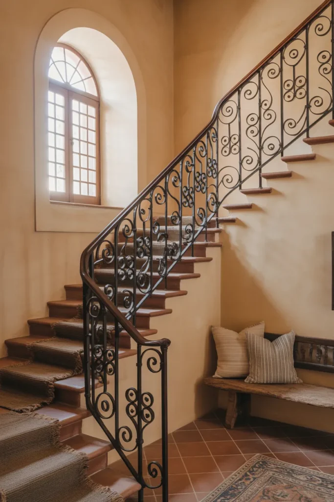 Elegant Staircase with Wrought Iron Railings