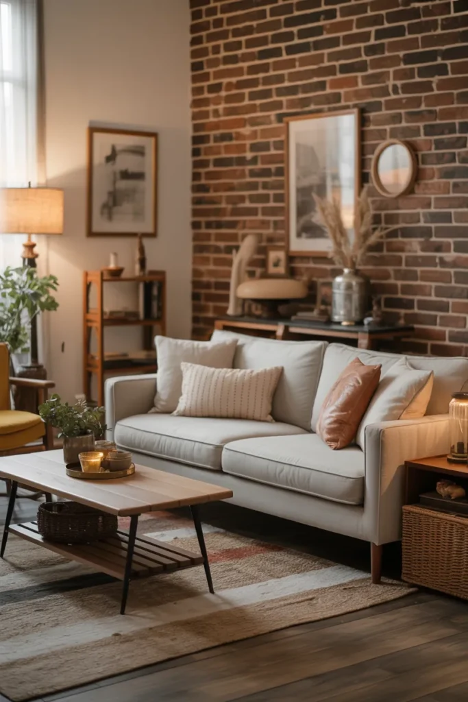 Farmhouse Living Room with Exposed Brick Wall