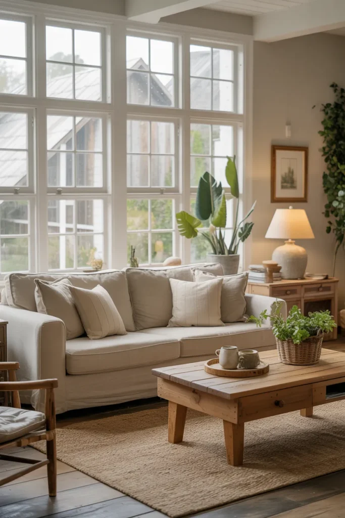 Farmhouse Living Room with Farmhouse-Style Windows