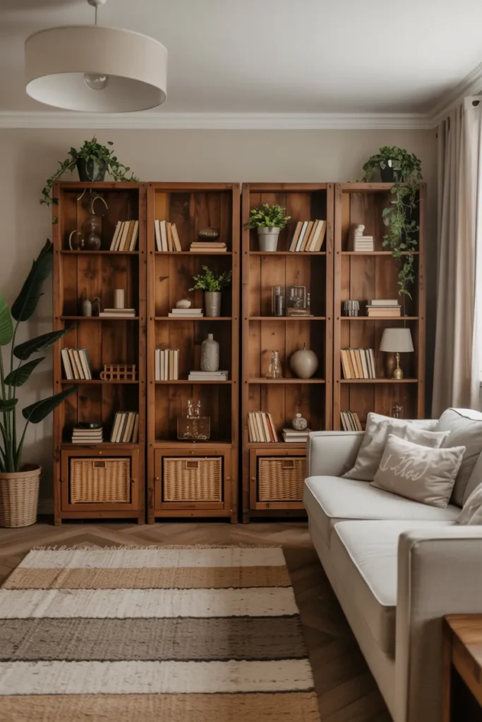 Farmhouse Living Room with Rustic Bookcases