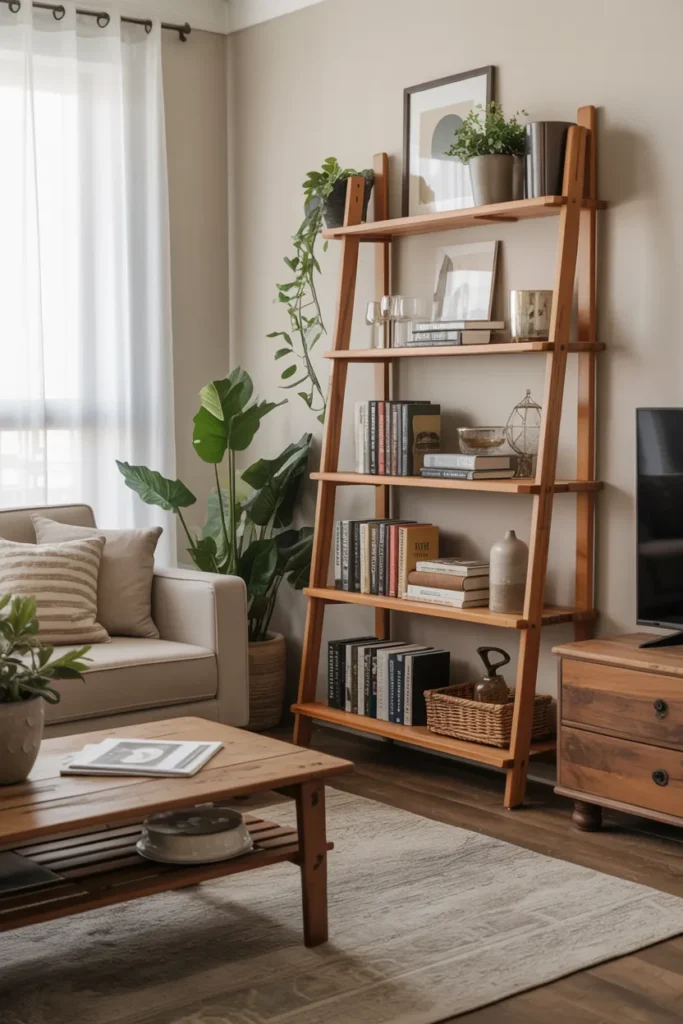 Farmhouse Living Room with Rustic Ladder Shelf