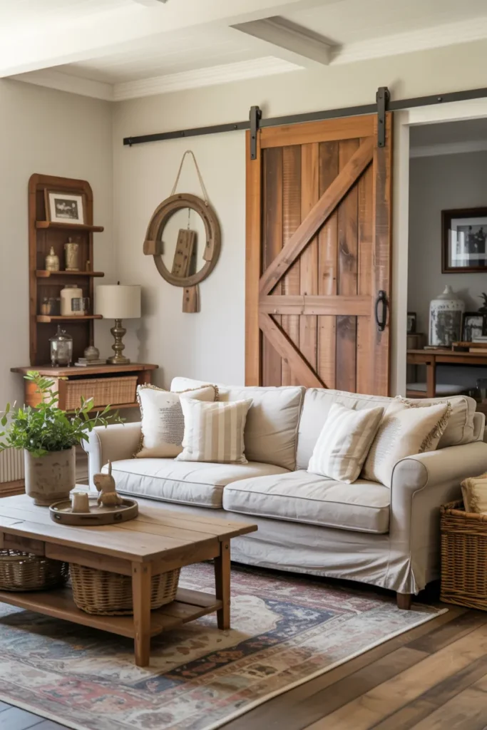 Farmhouse Living Room with Sliding Barn Door