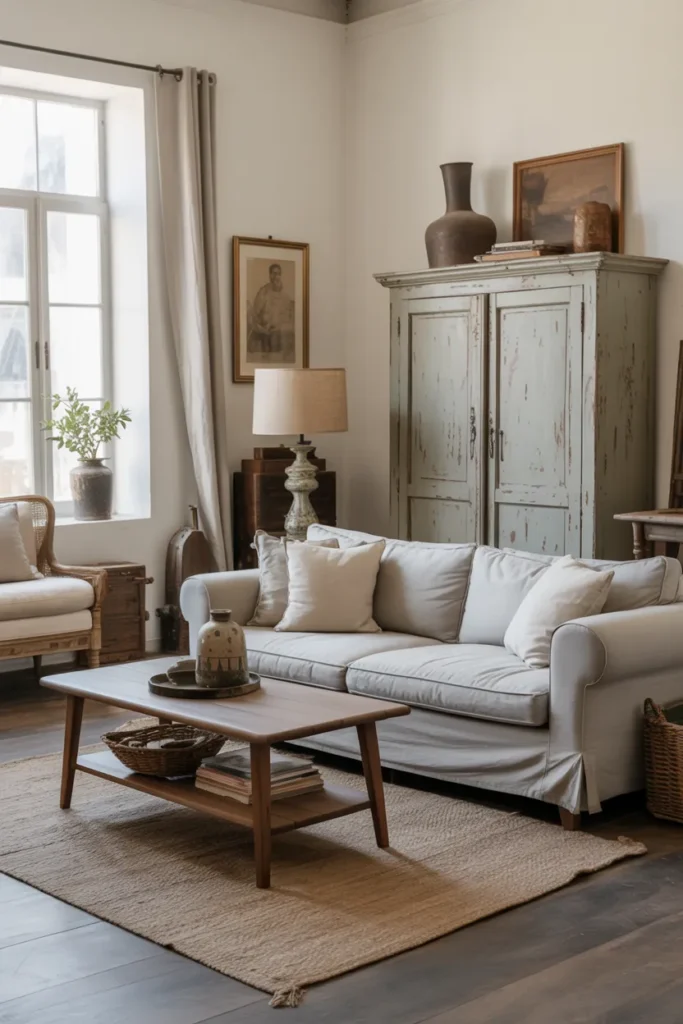 Farmhouse Living Room with Vintage Cabinet
