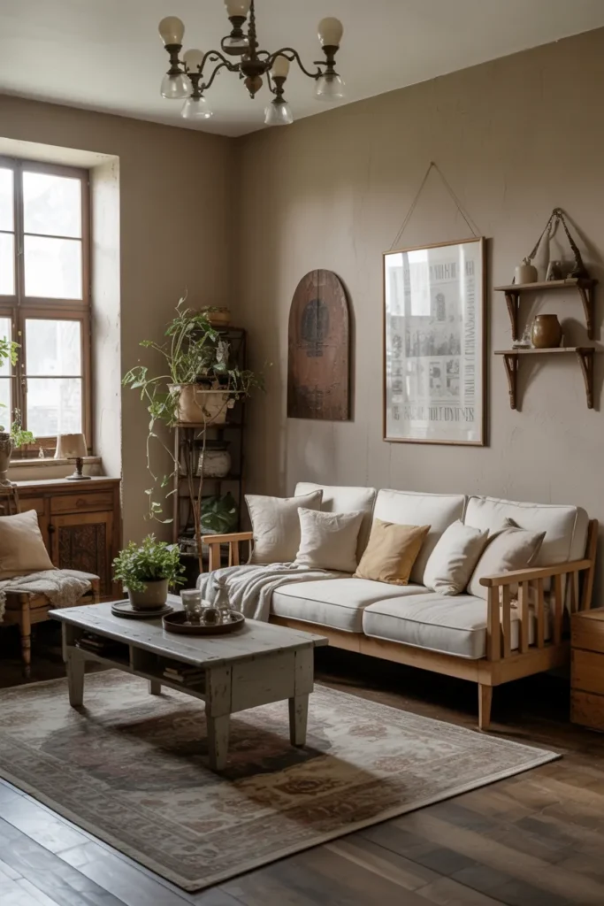 Farmhouse Living Room with Vintage Lighting