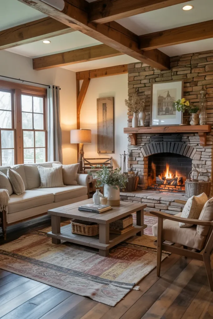 Farmhouse Living Room with Wooden Beams and Fireplace