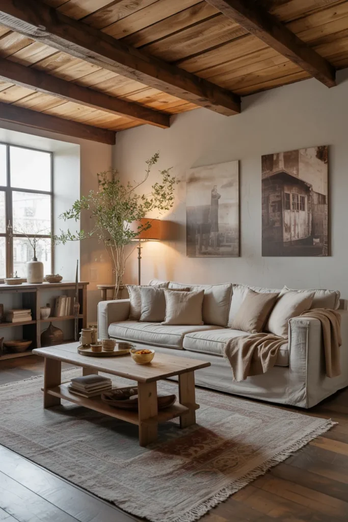 Farmhouse Living Room with Wooden Ceiling Panels