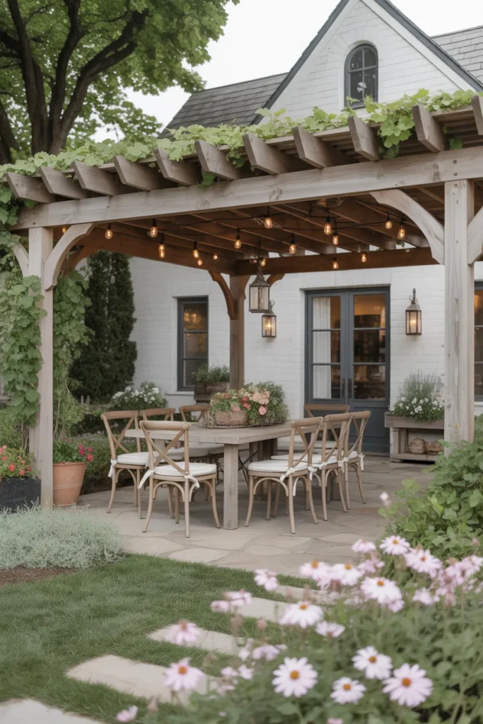 Farmhouse Patio with Pergola and Flower Beds