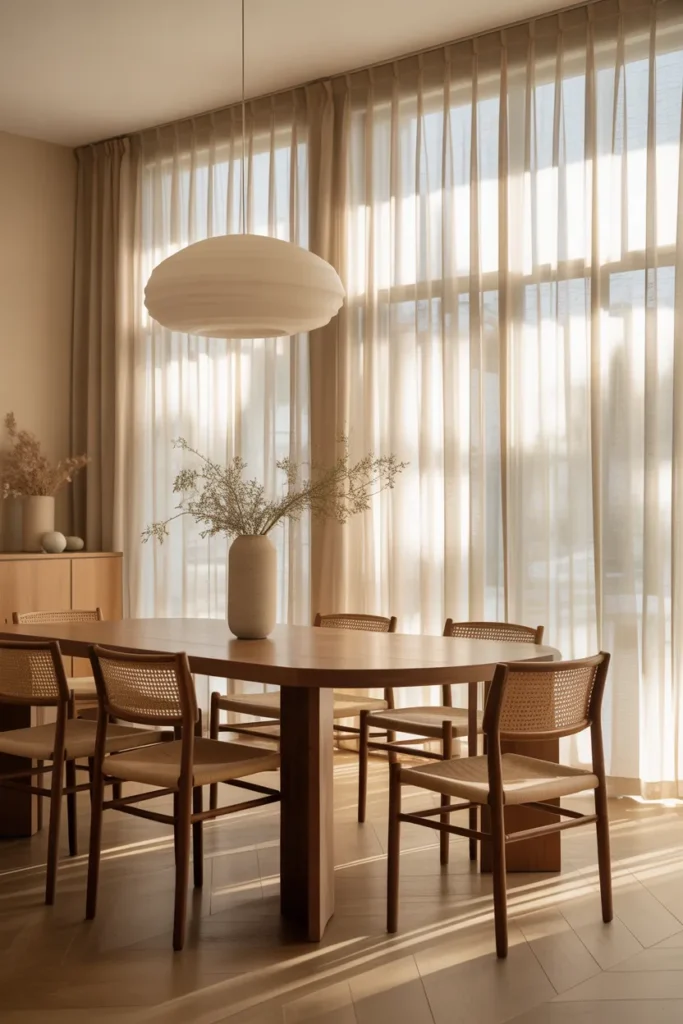 Floor-to-ceiling sheers can transform a dining room by enhancing natural light and creating a sense of height. The long, flowing fabric draws the eye upward, giving the impression of taller ceilings and larger windows. Sheer materials soften harsh daylight, creating a warm, inviting glow that makes meals feel cozy. This type of curtain works well in modern or minimalist spaces where heavy fabrics could overwhelm the design.