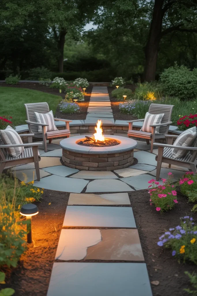 Garden Patio with Fire Pit Centerpiece