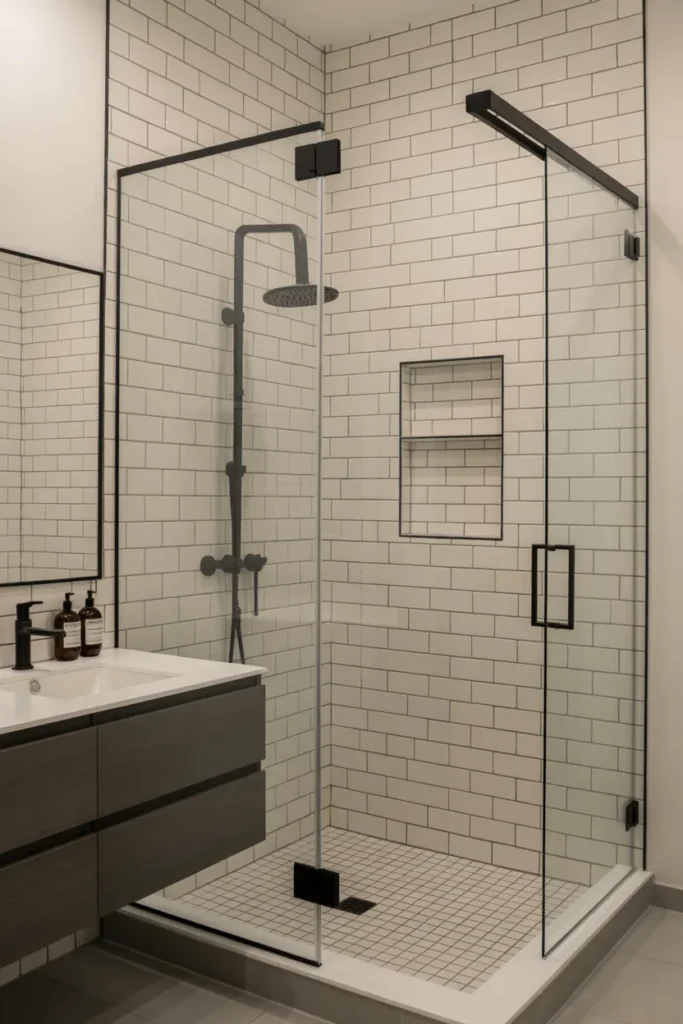 Glass-Enclosed Shower with Subway Tiles