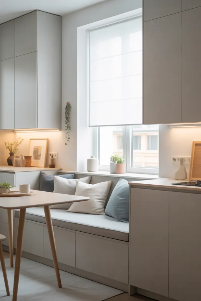Light Grey Bench with Integrated Cabinet Storage