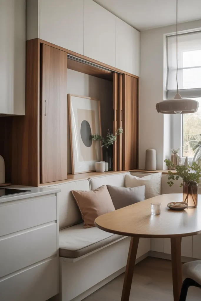 Light Walnut Bench with Sliding Storage Panels