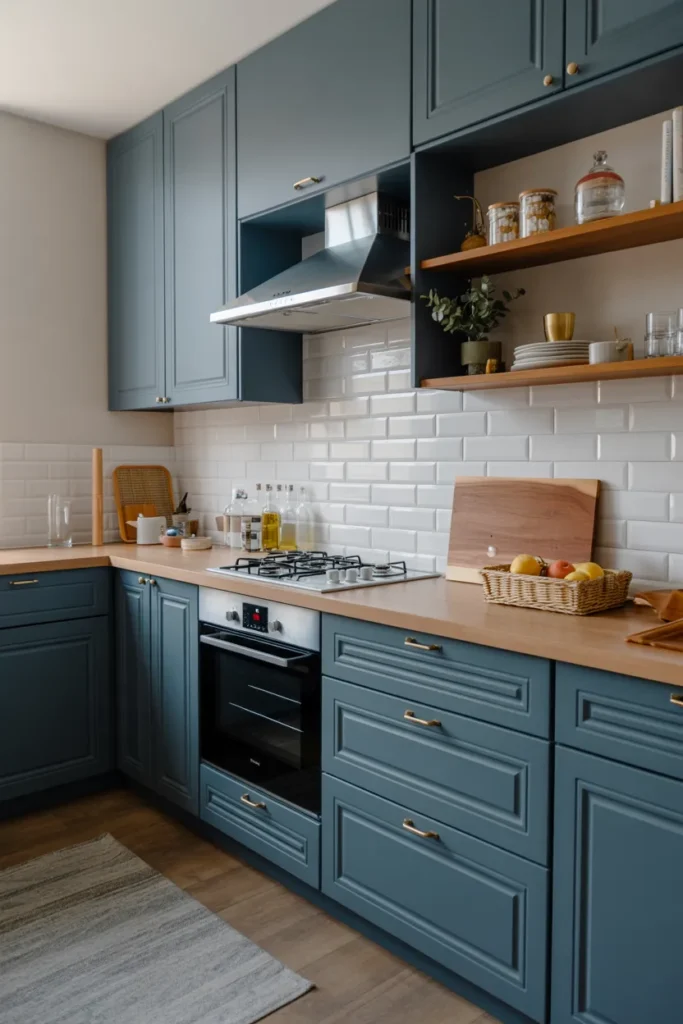 Matte Blue Cabinets with Brass Hardware