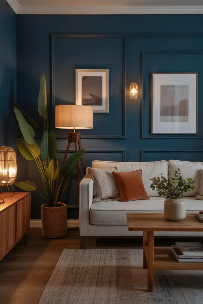Midnight Blue and Warm Wood Living Room