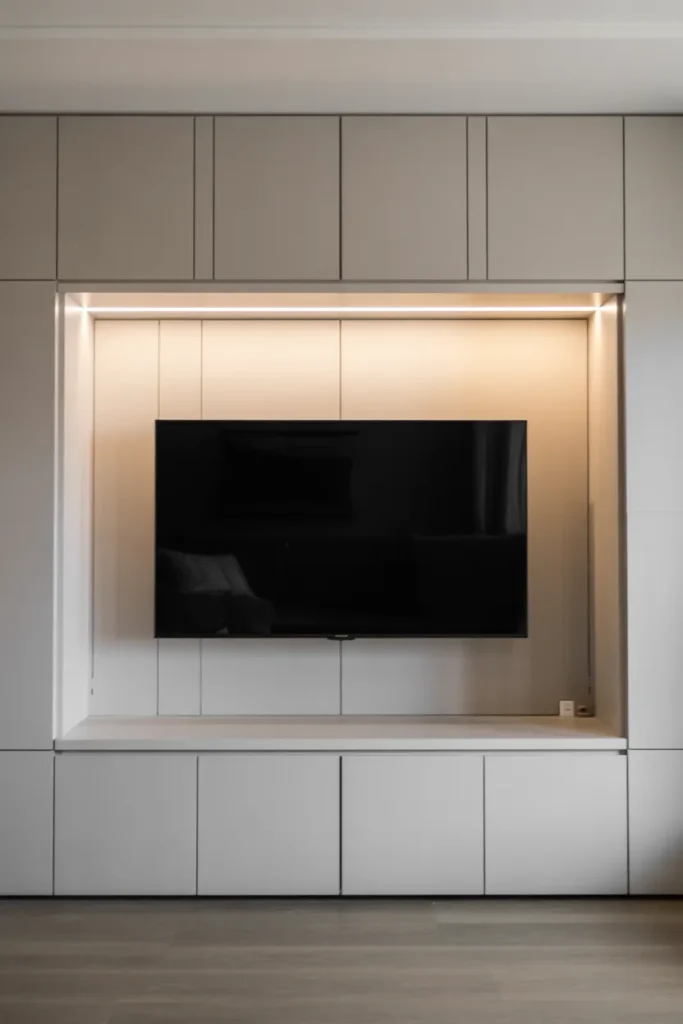 Minimalist White TV Wall with Hidden Storage